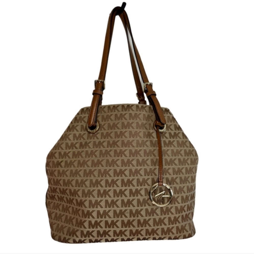 MICHAEL KORS Tan Jet Set GrabBag Jacquard MK Signature Tote